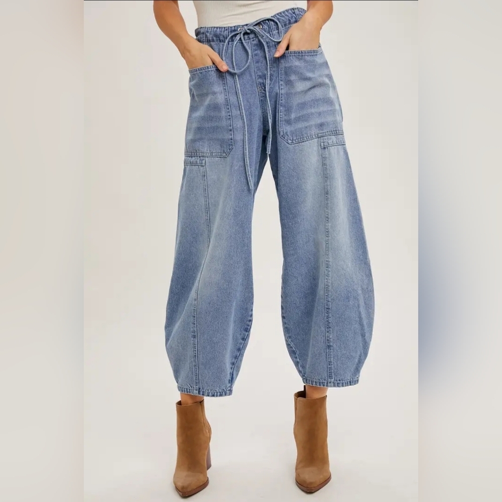 Denim Mid-Waist Drawstrings Barrel Jeans - Picture 2 of 6
